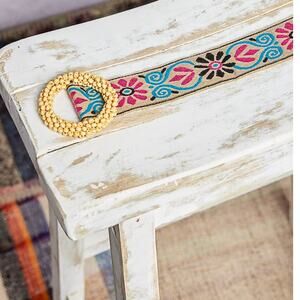 Floral Folk Embroidered Belt – Taupe with Beaded Round Buckle